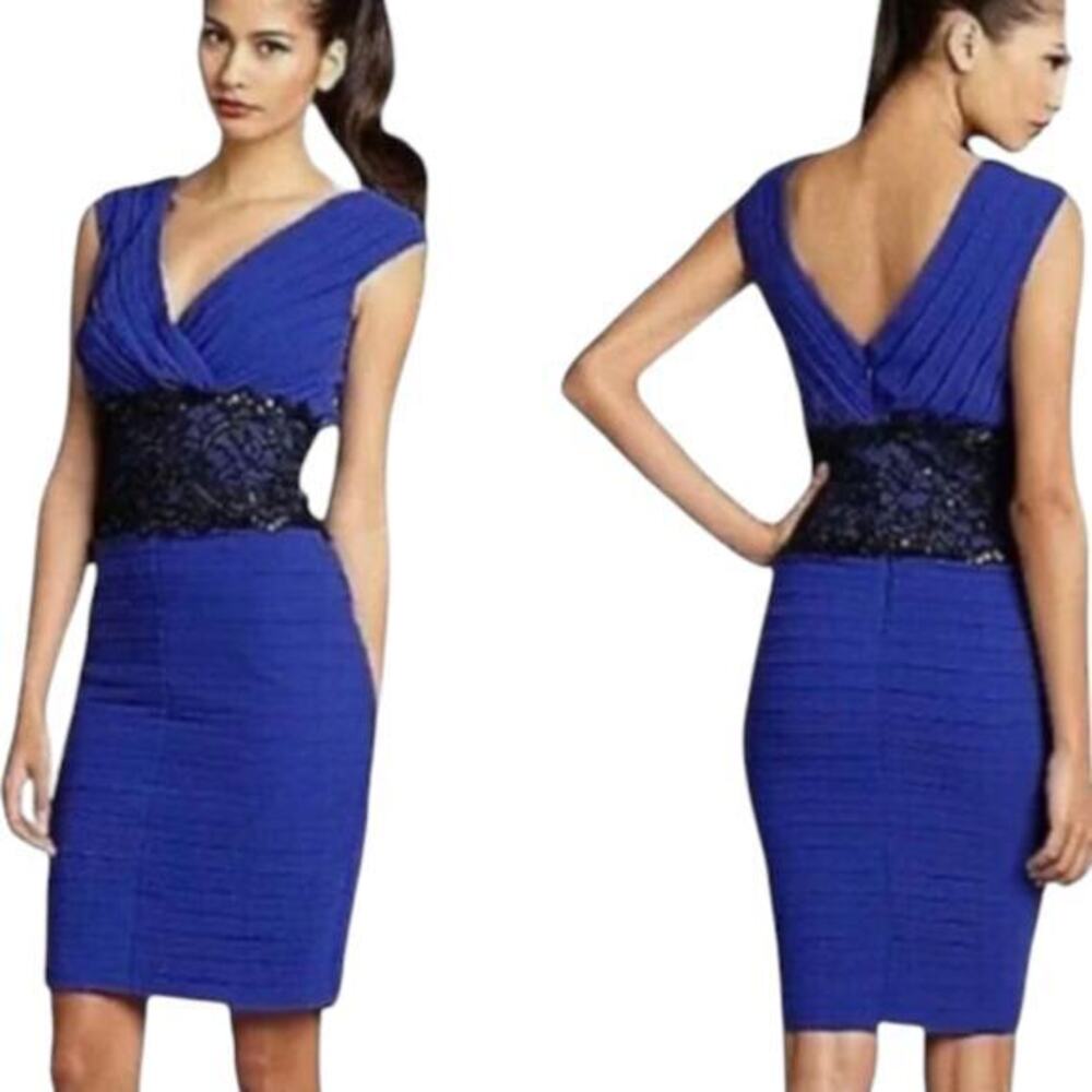 Tadashi Shoji Dresses Blue Chiffon Layered & Black Lace Sleeveless Size 10